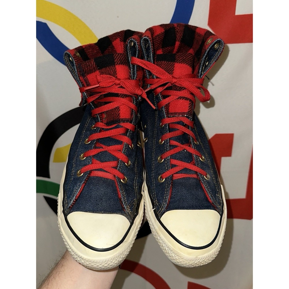 Converse NeeHi Calf High USA Made Denim Fold Plaid Sneaker Size 8 Chuck Taylor - Picture 2 of 8